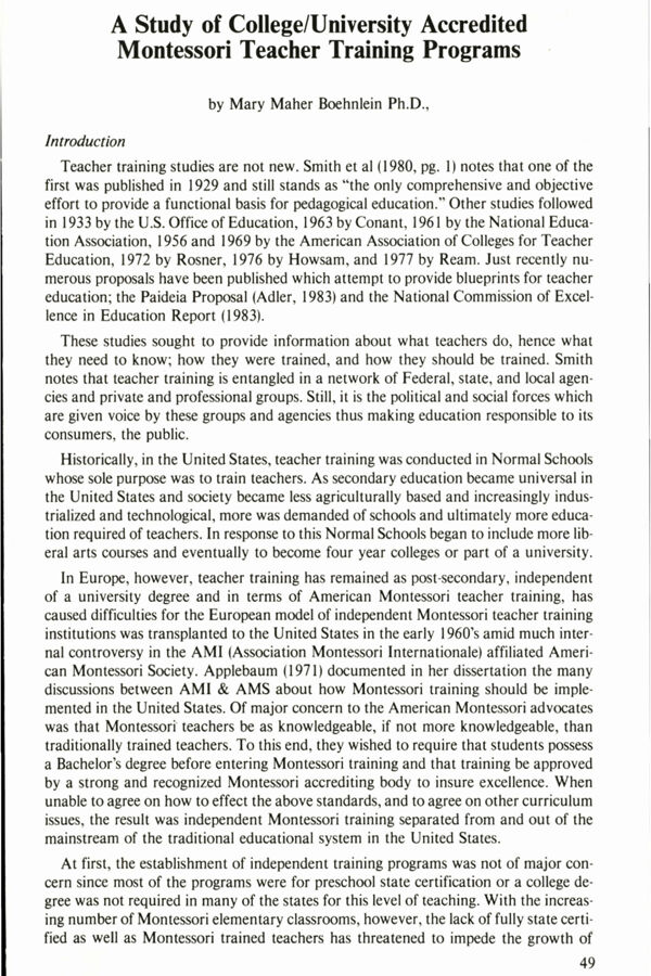 NAMTA Quarterly 09/2 06 A Study of College/University Accredited Montessori Teacher Training Programs