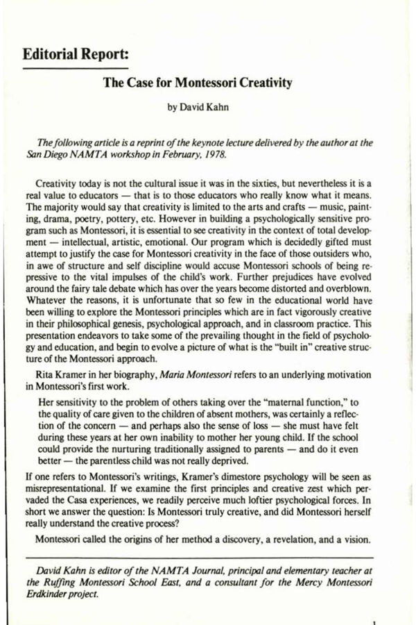 NAMTA Quarterly 03/2 01 The Case for Montessori Creativity