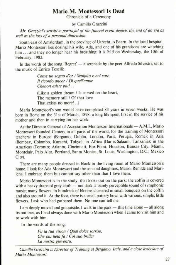 NAMTA Quarterly 07/3 05 Mario M. Montessori is Dead, Chronicle of a Ceremony