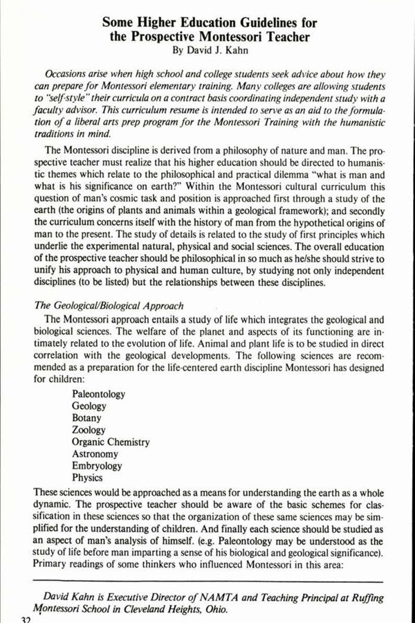 NAMTA Quarterly 07/1 05 Some Higher Education Guidelines for the Prospective Montessori Teacher