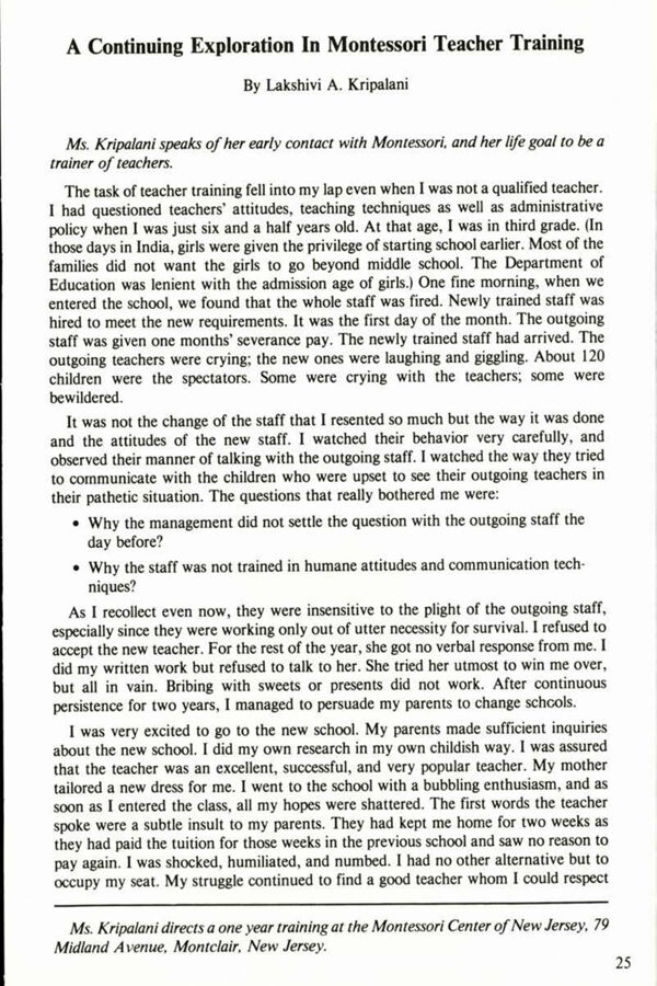 NAMTA Quarterly 06/3 05 A Continuing Exploration in Montessori Teacher Training