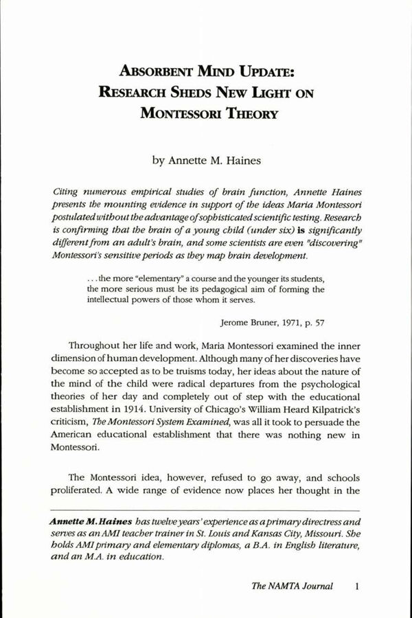 NAMTA Journal 18/2 01 Absorbent Mind Update: Research Sheds New Light on Montessori Theory