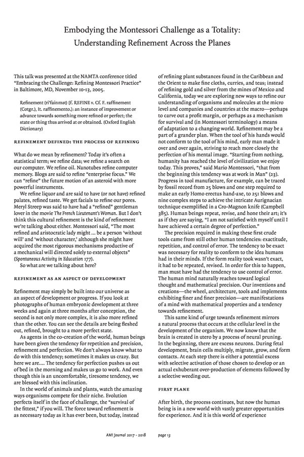 NAMTA Journal 43/1-2 03 Embodying the Montessori Challenge as a Totality: Understanding Refinement across the Planes, 2006