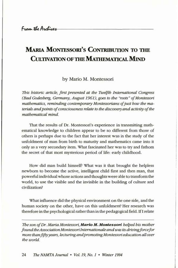 NAMTA Journal 19/1 03 Maria Montessori's Contribution to the Cultivation of the Mathematical Mind