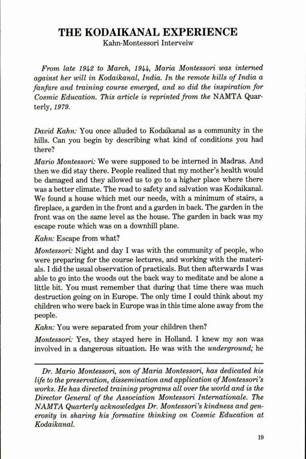 NAMTA Journal 13/2 03 Interview: The Kodaikanal Experience (Kahn-Montessori Interview)