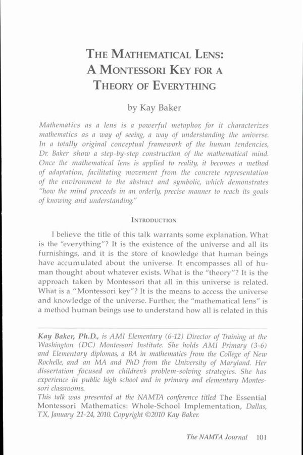 NAMTA Journal 35/2 08 The Mathematical Lens: A Montessori Key for a Theory of Everything