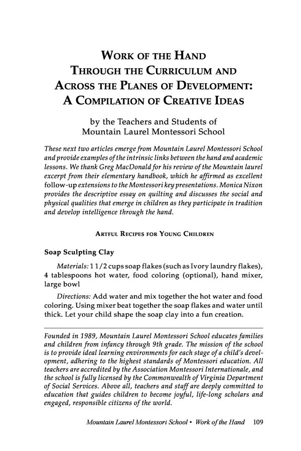 NAMTA Journal 38/2 07 Work of the Hand through the Curriculum and across the Planes of Development: A Compilation of Creative…