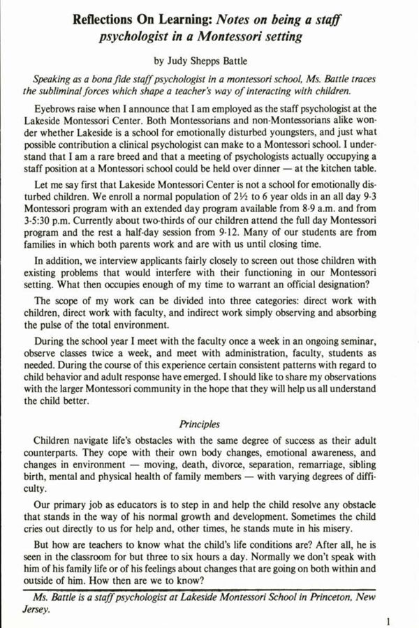 NAMTA Quarterly 08/1 01 Reflections on Learning: Notes on Being a Staff Psychologist in a Montessori Setting