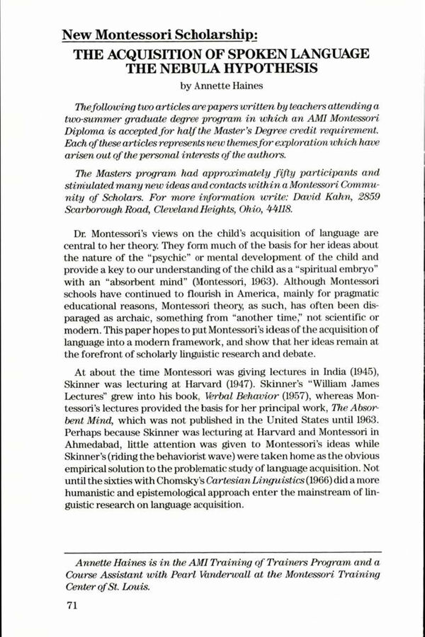 NAMTA Journal 14/1 09 The Acquisition of Spoken Language, The Nebula Hypothesis