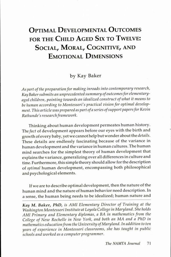 NAMTA Journal 26/1 04 Optimal Developmental Outcomes for the Child Aged Six to Twelve: Social, Moral, Cognitive, and Emotional…