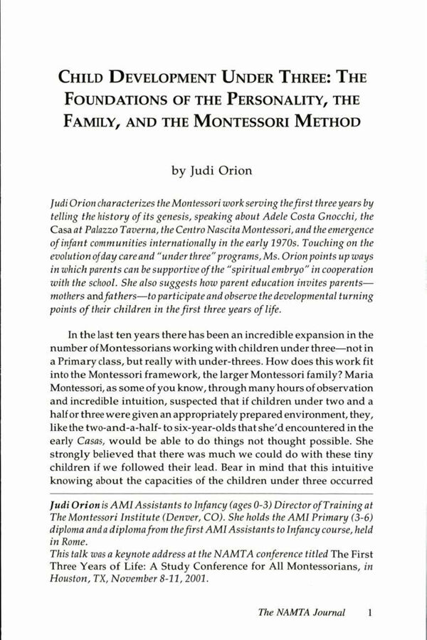 NAMTA Journal 27/1 01 Child Development Under Three: The Foundations of the Personality, the Family, and the Montessori Method