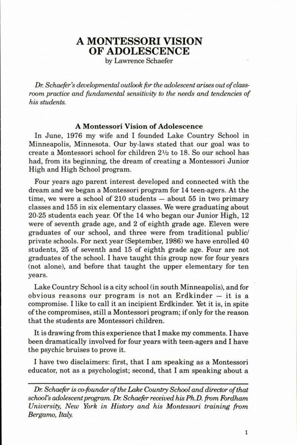 NAMTA Journal 12/1 01 The Montessori Vision of Adolescence