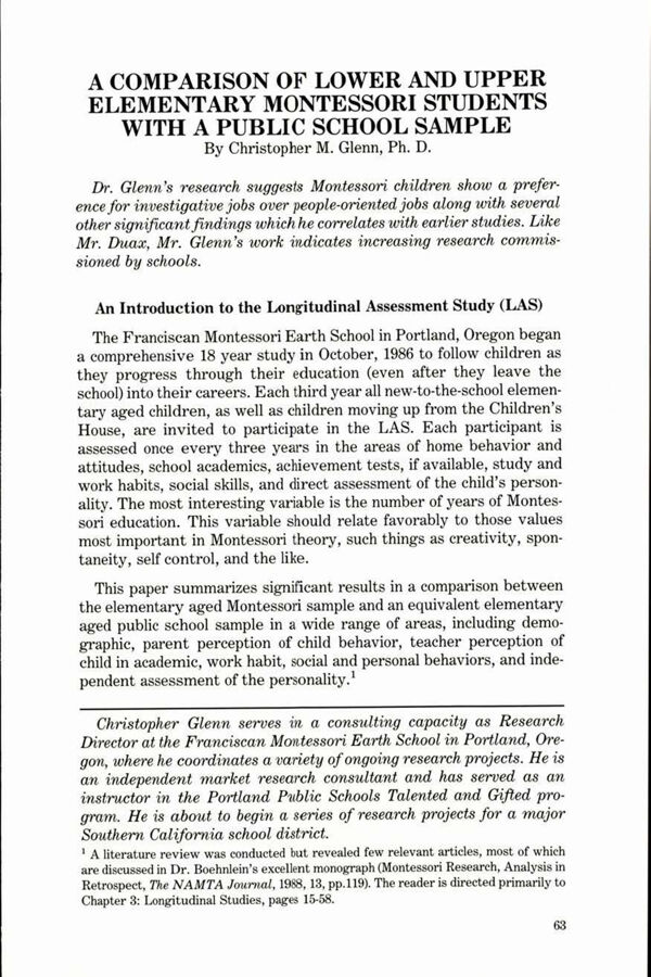 NAMTA Journal 14/2 08 A Comparison of Lower and Upper Elementary Montessori Students with a Public School Sample