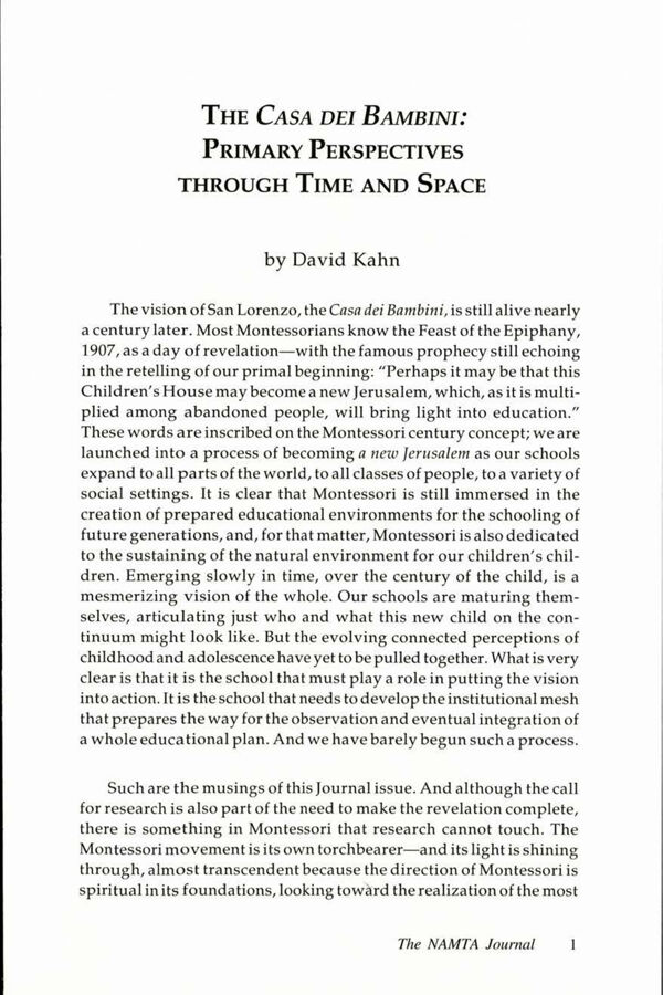 NAMTA Journal 25/1 01 The Casa Dei Bambini: Primary Perspectives Through Time and Space