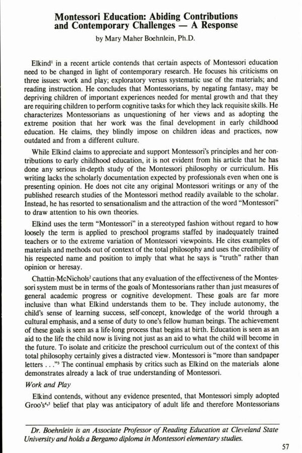 NAMTA Quarterly 08/2 07 Montessori Education: Abiding Contributions and Contemporary Challenges - A Response