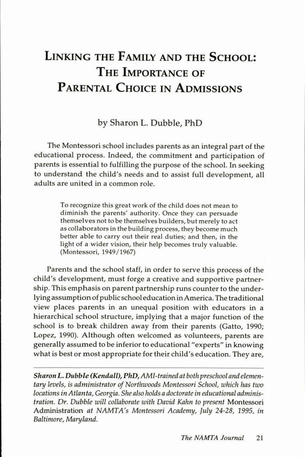 NAMTA Journal 20/2 02 Linking the Family and the School: The Importance of Parental Choice in Admissions