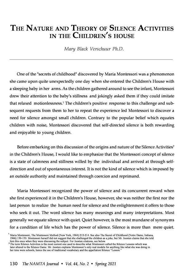 NAMTA Journal 45/1 17 The Nature and Theory of Silence Activities in the Children’s House