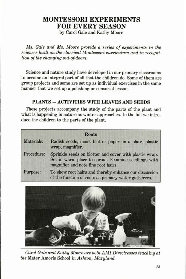 NAMTA Journal 13/2 05 Montessori Experiments for Every Season