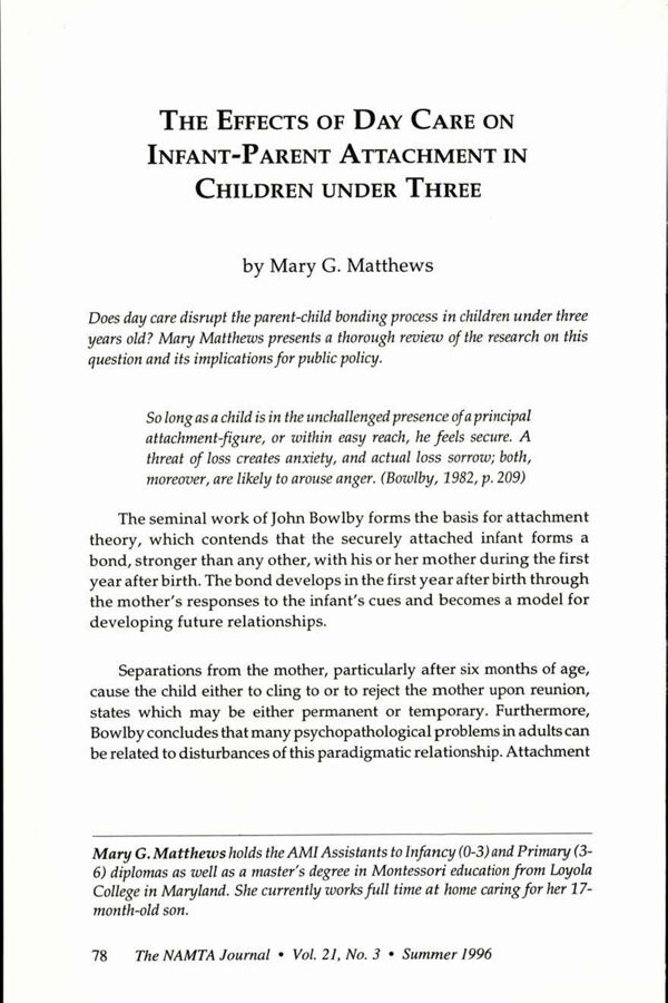 NAMTA Journal 21/3 07 The Effects of Day Care on Infant-Parent Attachment in Children Under Three