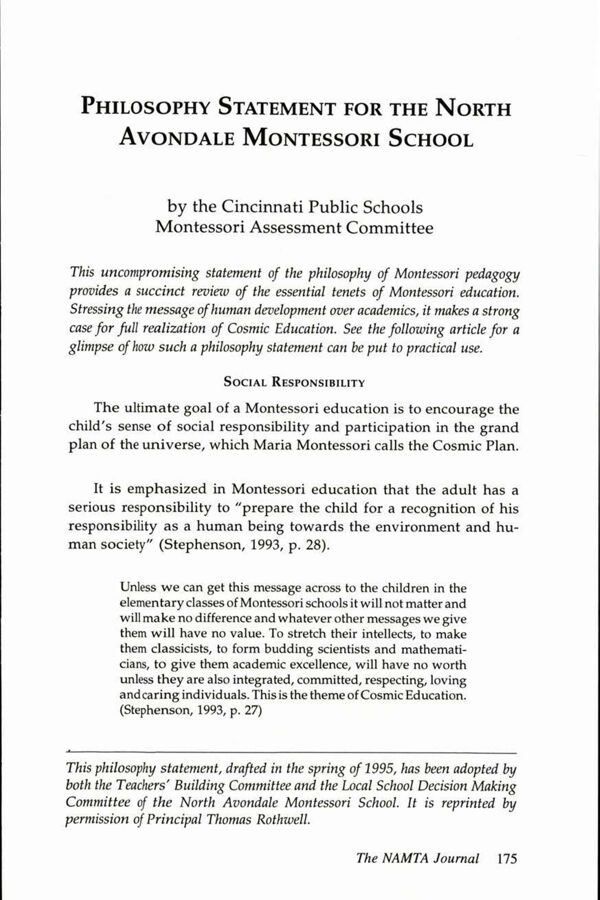 NAMTA Journal 22/1 11 Philosophy Statement for the North Avondale Montessori School