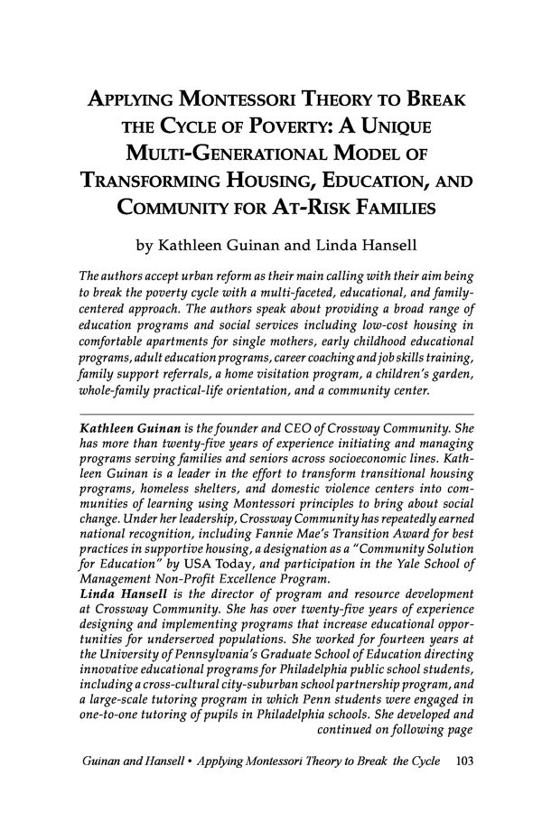 NAMTA Journal 39/2 06 Applying Montessori Theory to Break the Cycle of Poverty: A Unique Multi-Generational Model of…