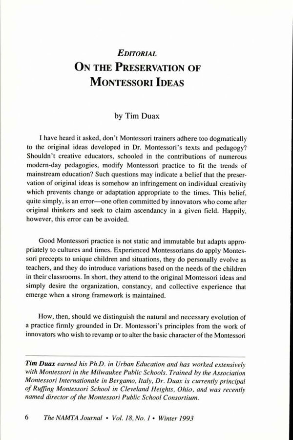 NAMTA Journal 18/1 02 On the Preservation of Montessori Ideas