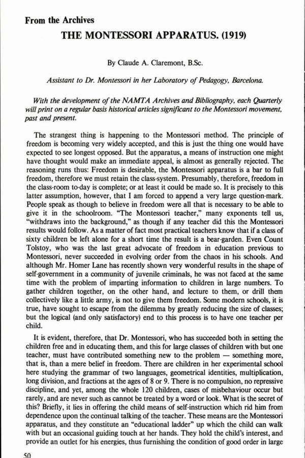 NAMTA Quarterly 11/1 08 The Montessori Apparatus (1919)