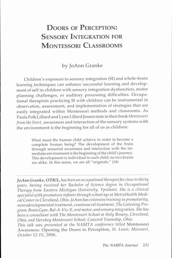 NAMTA Journal 32/1 12 Doors of Perception: Sensory Integration for Montessori Classrooms