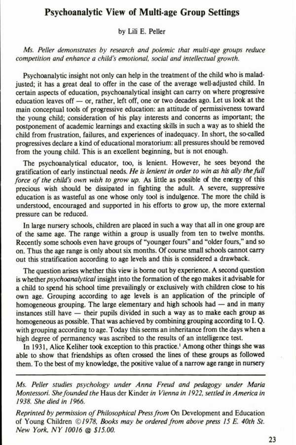 NAMTA Quarterly 08/1 03 Psychoanalytic View of Multi-Age Group Settings