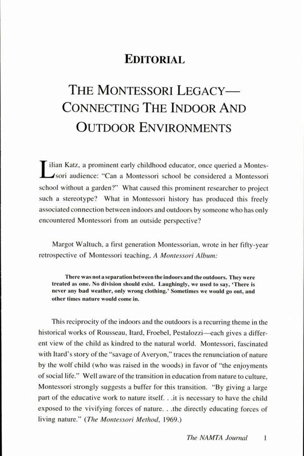 NAMTA Journal 17/3 01 The Montessori Legacy—Connecting the Indoor and Outdoor Environments