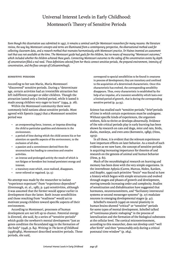 NAMTA Journal 43/1-2 07 Universal Interest Levels in Early Childhood: Montessori’s Theory of Sensitive Periods, Dissertation…