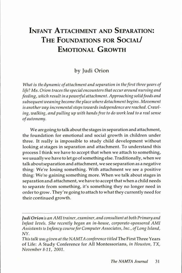 NAMTA Journal 27/1 04 Infant Attachment and Separation: The Foundations for Social/Emotional Growth