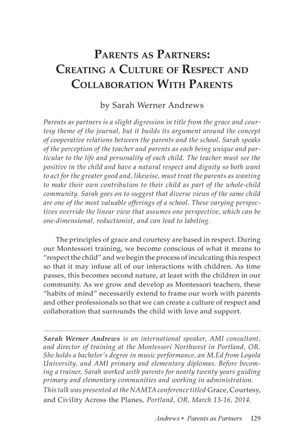 NAMTA Journal 40/1 08 Parents as Partners: Creating a Culture of Respect and Collaboration with Parents