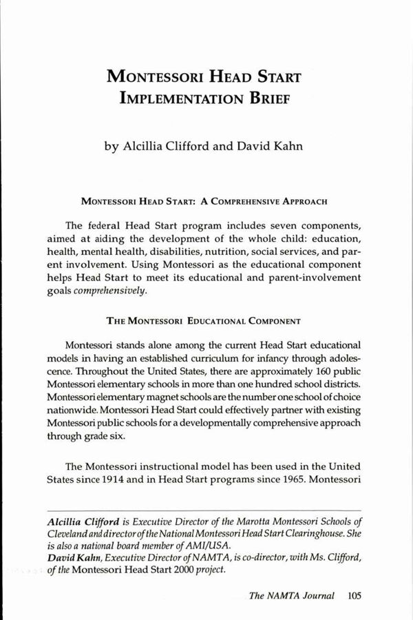 NAMTA Journal 20/2 10 Montessori Head Start Implementation Brief