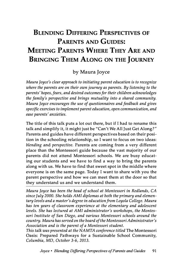 NAMTA Journal 39/1 05 Blending Differing Perspectives of Parents and Guides: Meeting Parents Where They Are and Bringing Them…