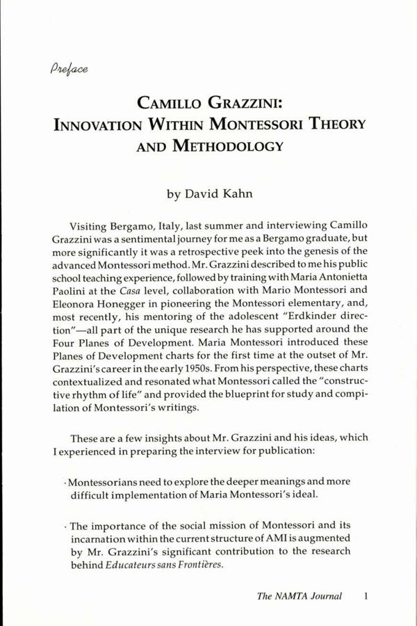 NAMTA Journal 29/1 01 Camillo Grazzini: Innovation Within Montessori Theory and Methodology