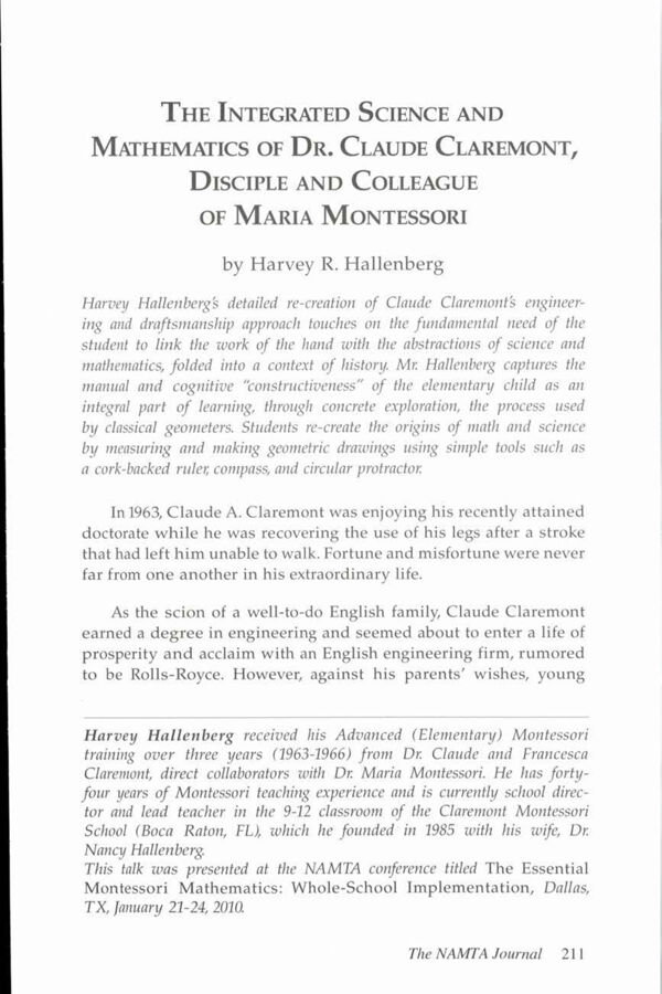 NAMTA Journal 35/2 14 The Integrated Science and Mathematics of Dr. Claude Claremont, Disciple and Colleague of Maria Montessori