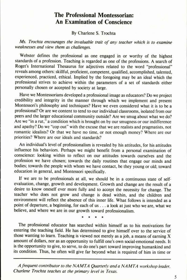 NAMTA Quarterly 06/3 02 The Profession Montessorian: An Examination of Conscience