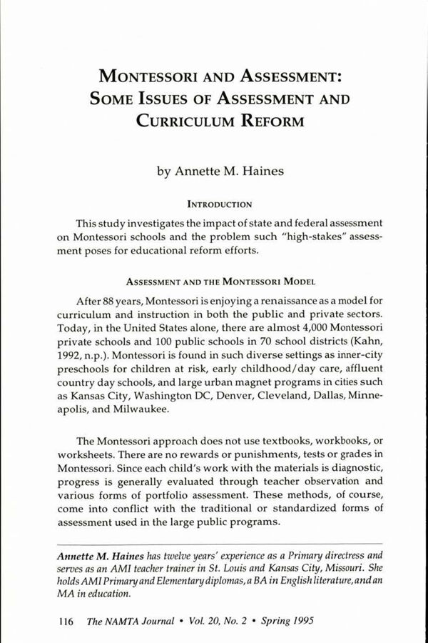 NAMTA Journal 20/2 11 Montessori and Assessment: Some Issues of Assessment and Curriculum Reform