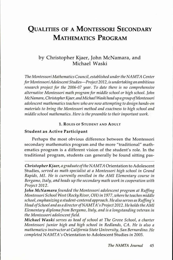 NAMTA Journal 31/3 03 Qualities of a Montessori Secondary Mathematics Program