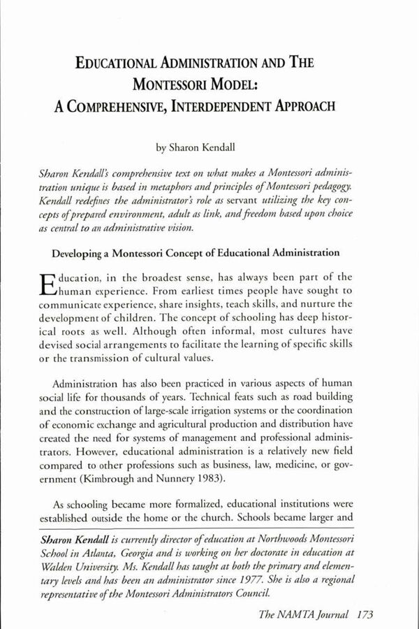 NAMTA Journal 17/1 10 Educational Administration and the Montessori Model: A Comprehensive, Interdependent Approach