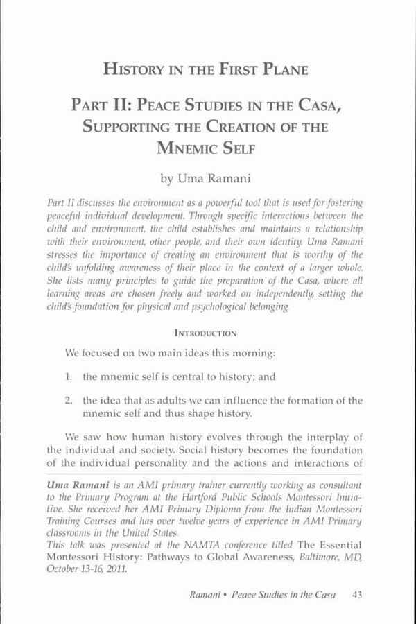 NAMTA Journal 37/2 04 History in the First Plane – Part II: Peace Studies in the Casa, Supporting the Creation of the Mnemic…