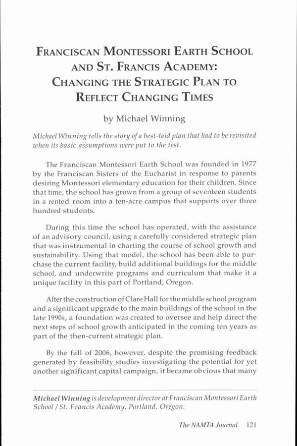 NAMTA Journal 35/1 10 Franciscan Montessori Earth School and St. Francis Academy: Changing the Strategic Plan to Reflect…