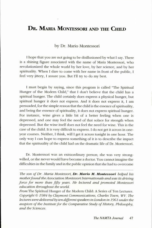 NAMTA Journal 19/2 05 Dr. Maria Montessori and the Child