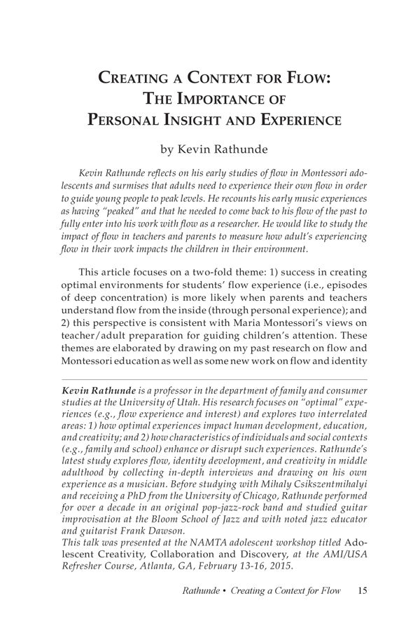 NAMTA Journal 40/3 02 Creating a Context for Flow: The Importance of Personal Insight and Experience