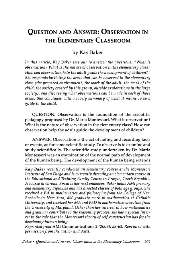 NAMTA Journal 41/3 12 Question and Answer: Observation in the Elementary Classroom