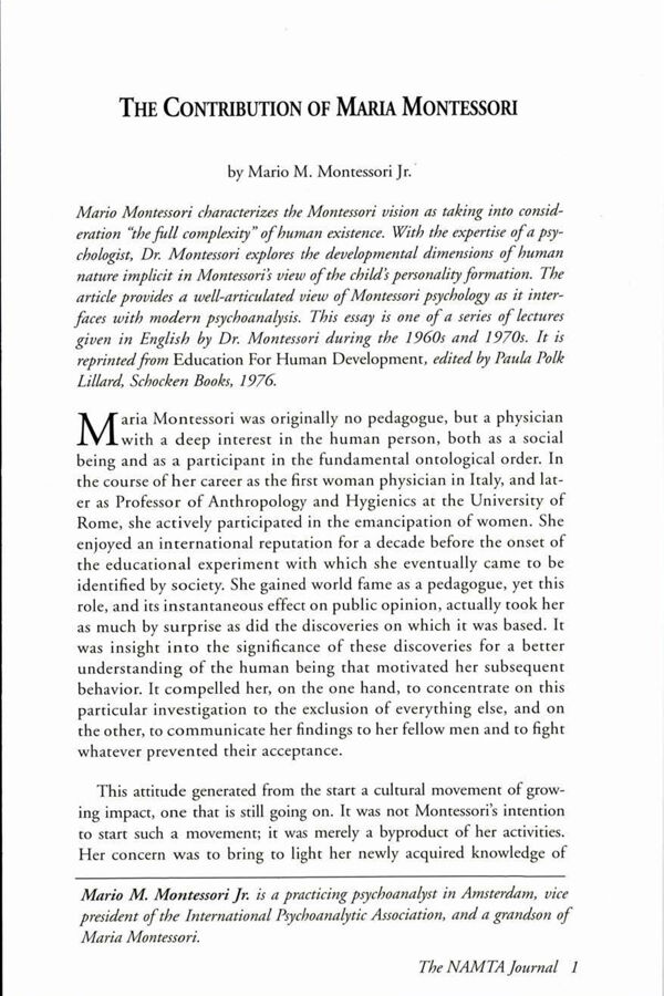 NAMTA Journal 17/1 01 The Contribution of Maria Montessori