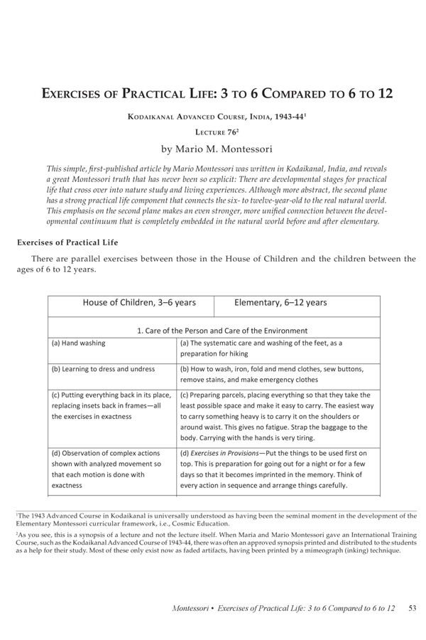 NAMTA Journal 38/1 05 Exercises of Practical Life: 3 to 6 Compared to 6 to 12. Kodaikanal Advanced Course, India, 1943-44,…