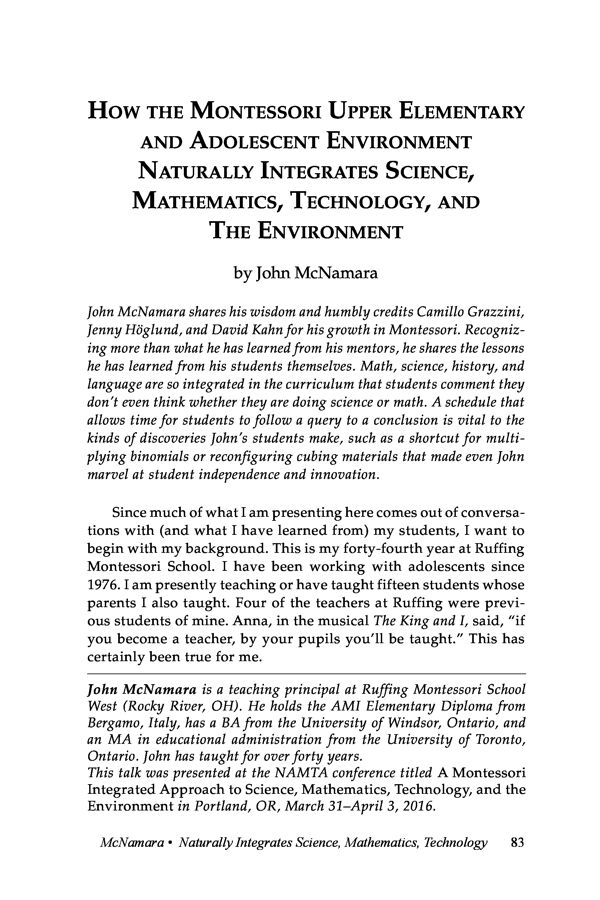 NAMTA Journal 41/2 05 How the Montessori Upper Elementary and Adolescent Environment Naturally Integrates Science, Mathematics,…