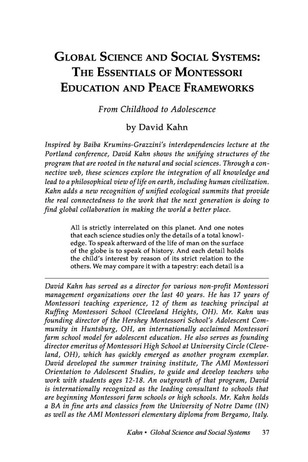 NAMTA Journal 41/2 03 Global Science and Social Systems: The Essentials of Montessori Education and Peace Frameworks